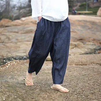 

Chinese Style Vintage Washing Denim Women Summer Harem Pants Fashion Elastic Waist Ankle Length Oversize Loose Casual Trosers