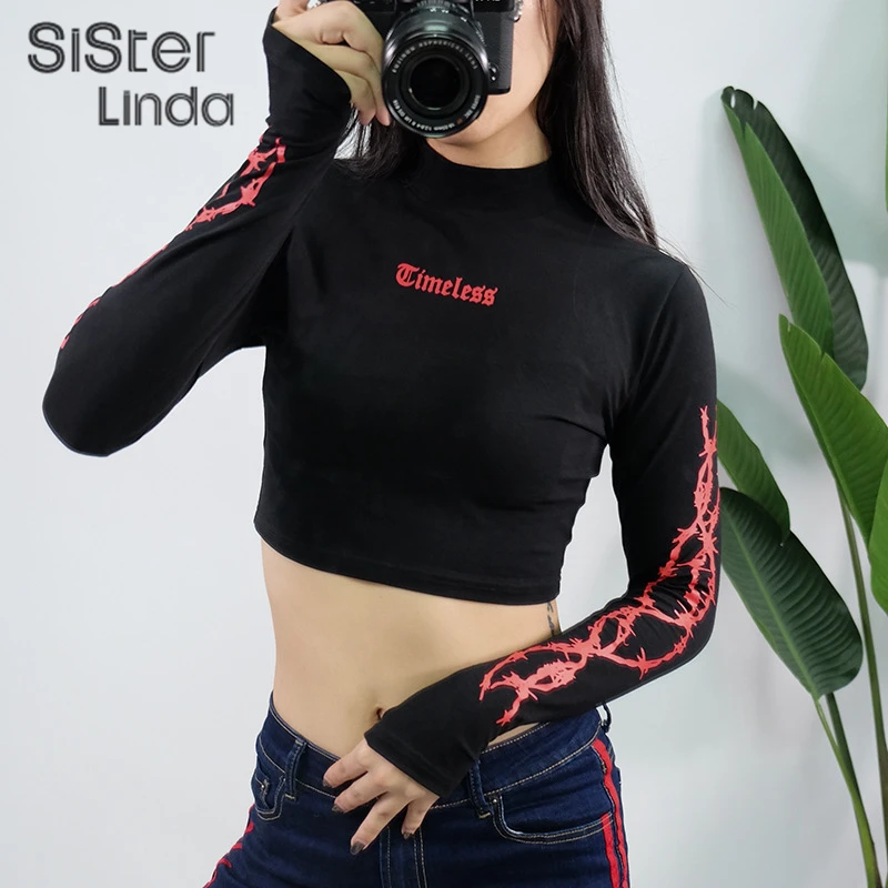Sisterlinda, хлопок, с буквенным принтом, топ, женская футболка, футболка с длинным рукавом, молния, женская рубашка, эластичность, тройники, женская рубашка, топы