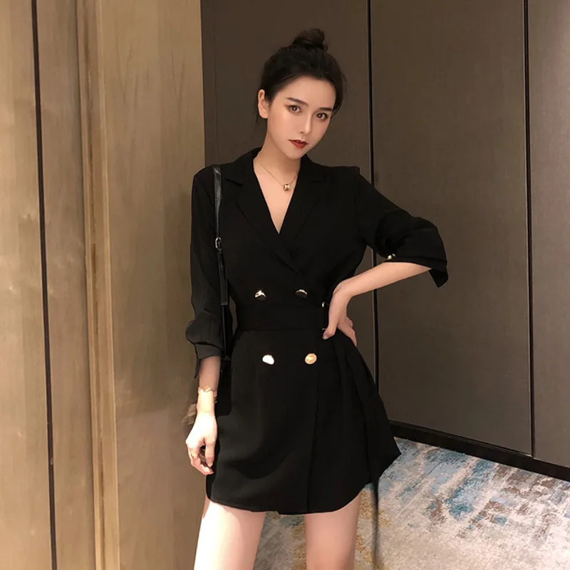 

2019 Spring Elegant Korean-style Waist Hugging Retro Mid-length Loose Casual Skirt Suit Black And White with Pattern Suit Jacket