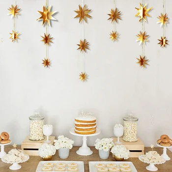 

Golden Silver Color Eight Pointed Star Paper Garland Stereo Mirror Christmas Pendant Party Mall Window Paper Garland Decor