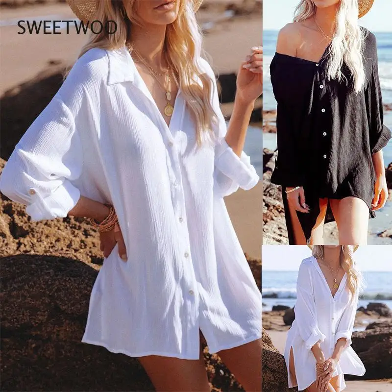 2021 Spring and Summer Solid Color Shirt Women's Lazy Beach Blouse Mid-Length Loose Shirt