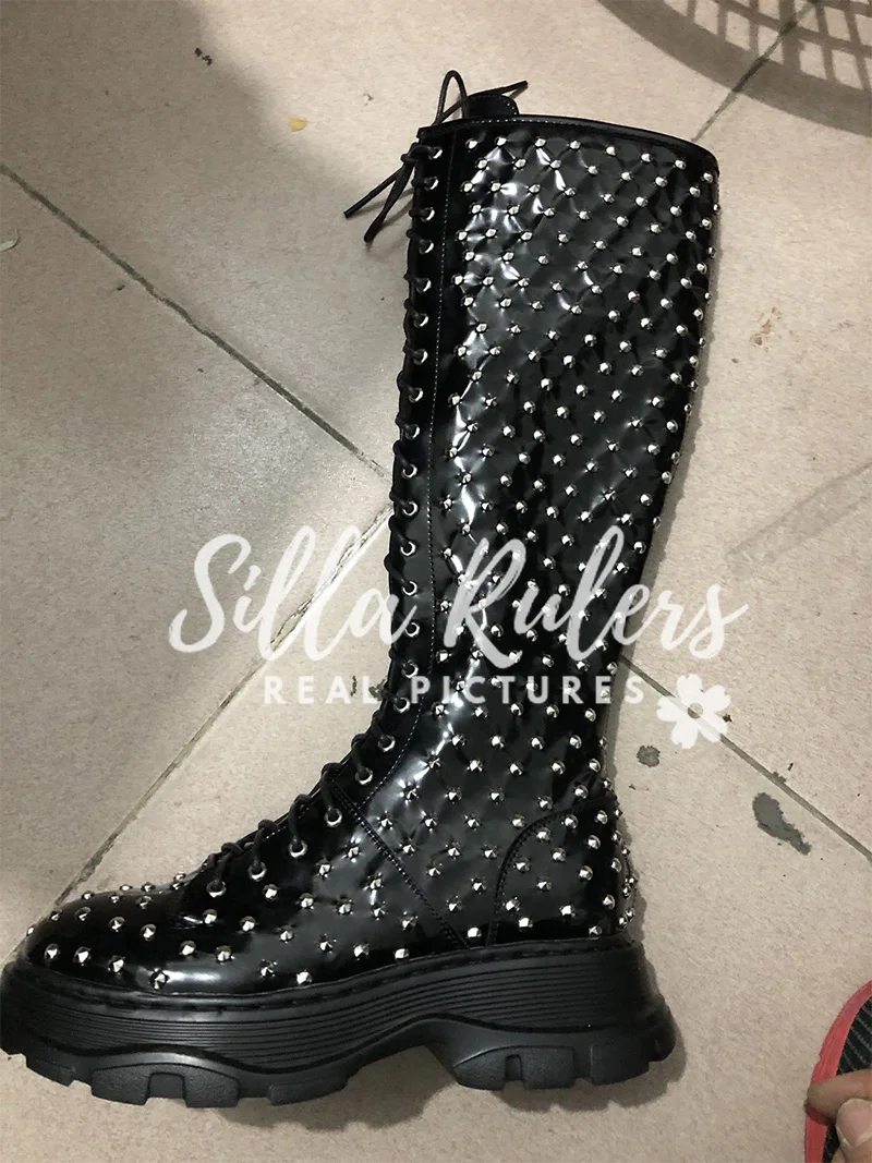 New Rivet Black Genuine Leather Thick bottom Knight Boots Woman Round Toe Lace Up Knee Boots Woman Motorcycle Boots Woman