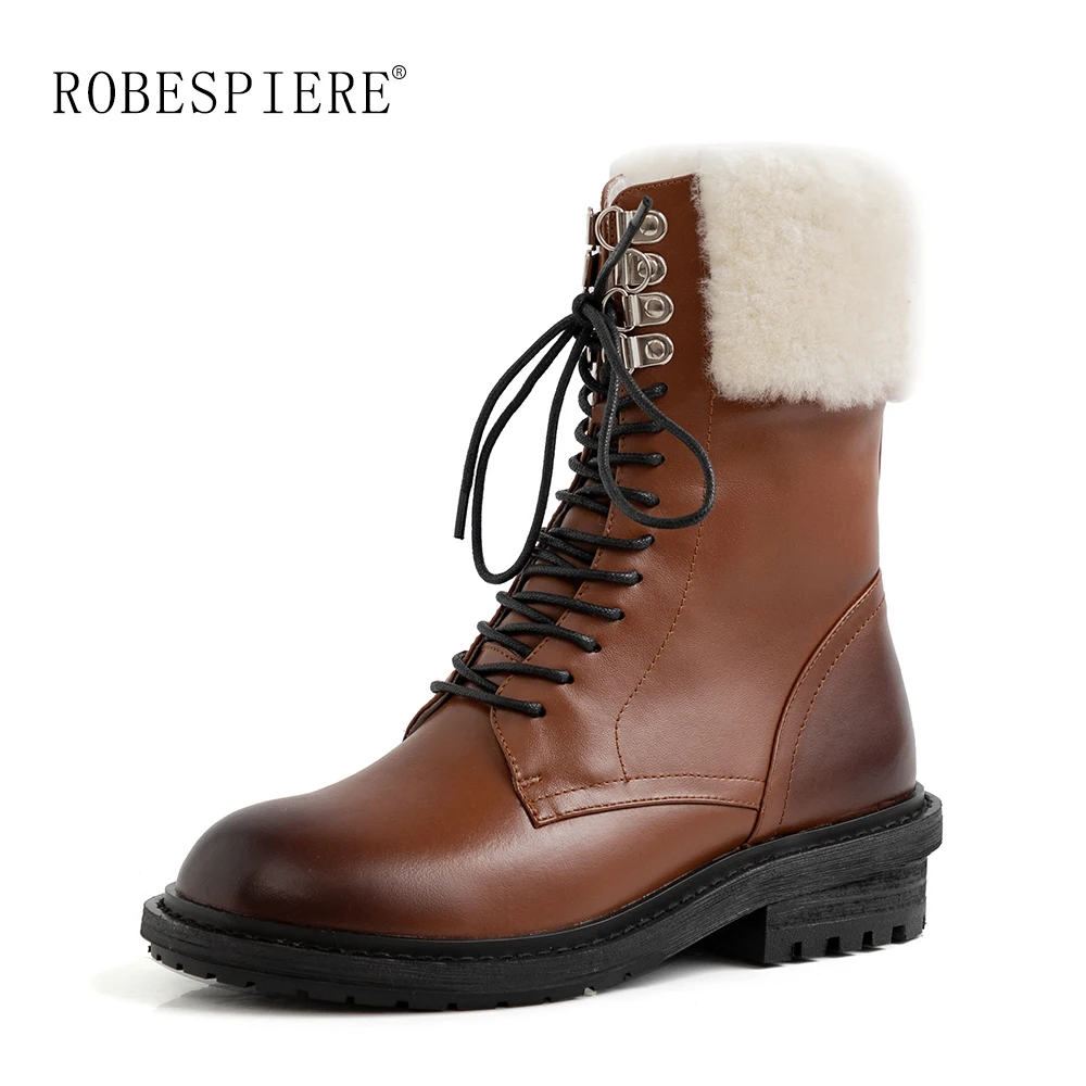 

ROBESPIERE Lambswool Winter Boots For Women Lace Up Genuine Leather Shoes Girls Round Toe Low Heel Large Size Snow Boots B116