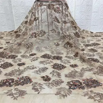 

Luxury Beige Leaf Sequin Embroidered French Tulle Laces Women's Party Dress 5Yard Voile Fabric Nigerian Net Fabric Lace