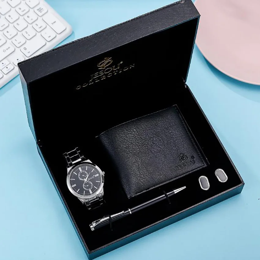 

2019 Mens Watches 4pcs gift set cufflink wallet quartz watch pen box Gift for boyfriend hot Reloj Hombre Date Relogio Masculino