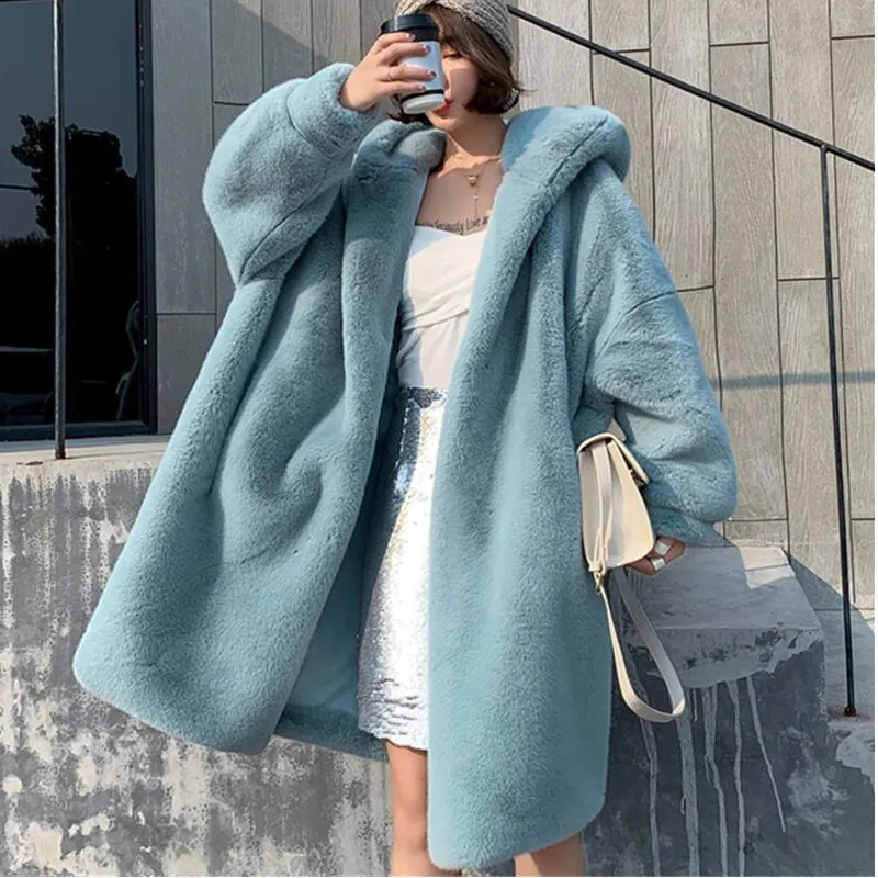 Snow blue Новинка, женские плюшевые меховые пальто, большие размеры, одноцветная теплая куртка, длинная толстая имитация норки, мех свободный, с капюшоном, Зимняя парка, пальто 859 - Цвет: Snow blue
