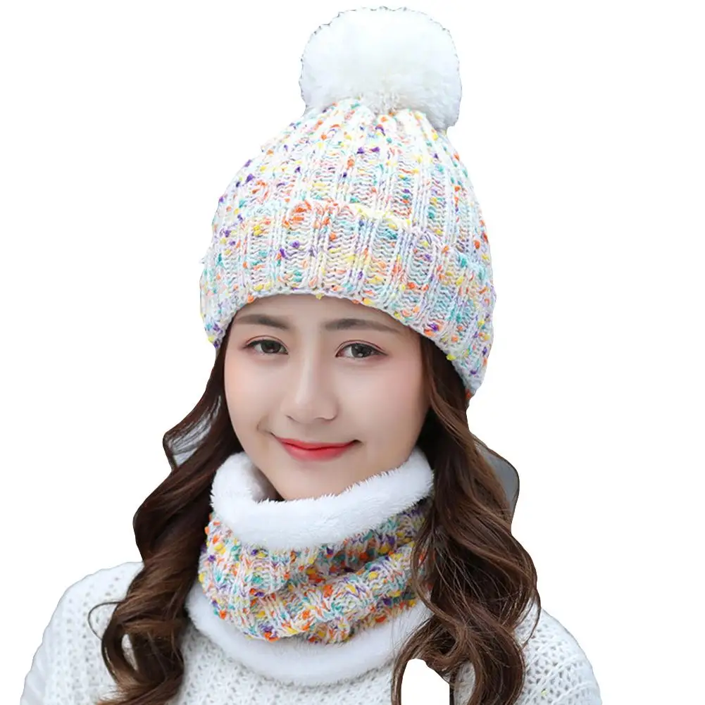 

2Pcs Winter Women Knitted Pompom Beanie Hat Thick Warm Skull Cap Bib Scarf Set