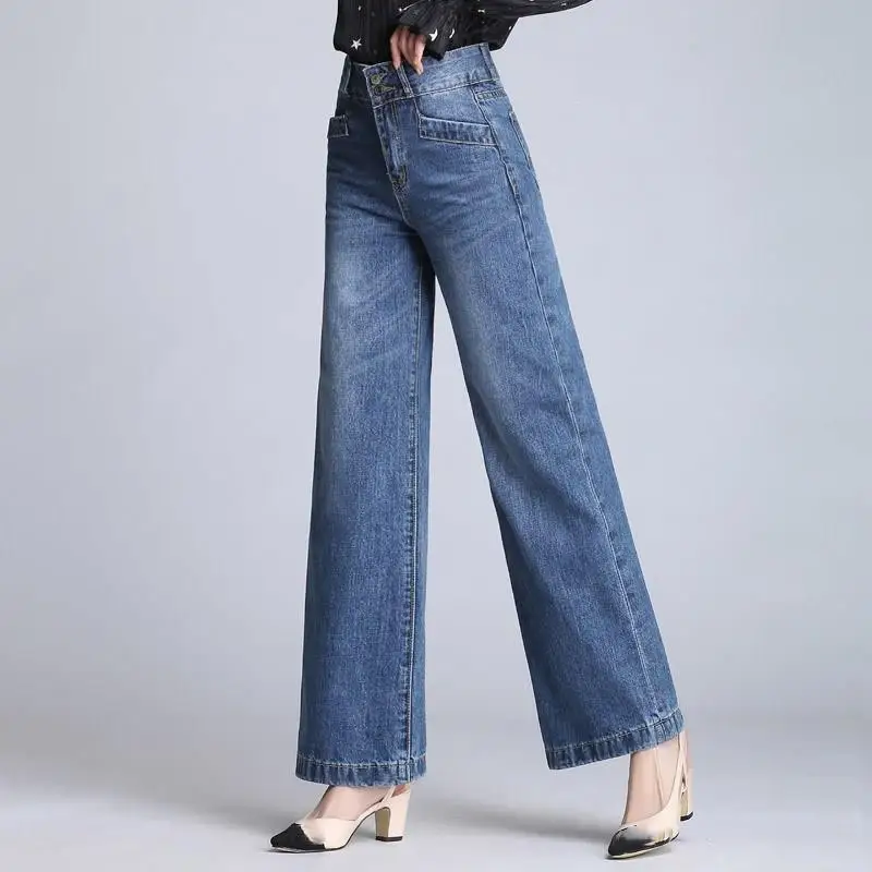 Женские свободные синие джинсы с широкими штанинами, женские длинные брюки с высокой талией, женские брюки, корейские эластичные джинсы для мам