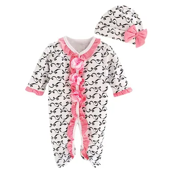 

Long Sleeve New Born Baby Clothes Girl Ruffles Print Cotton Romper Beanie Cap Toddler Girls Casual Warm Jumpsuit Home Pajamas