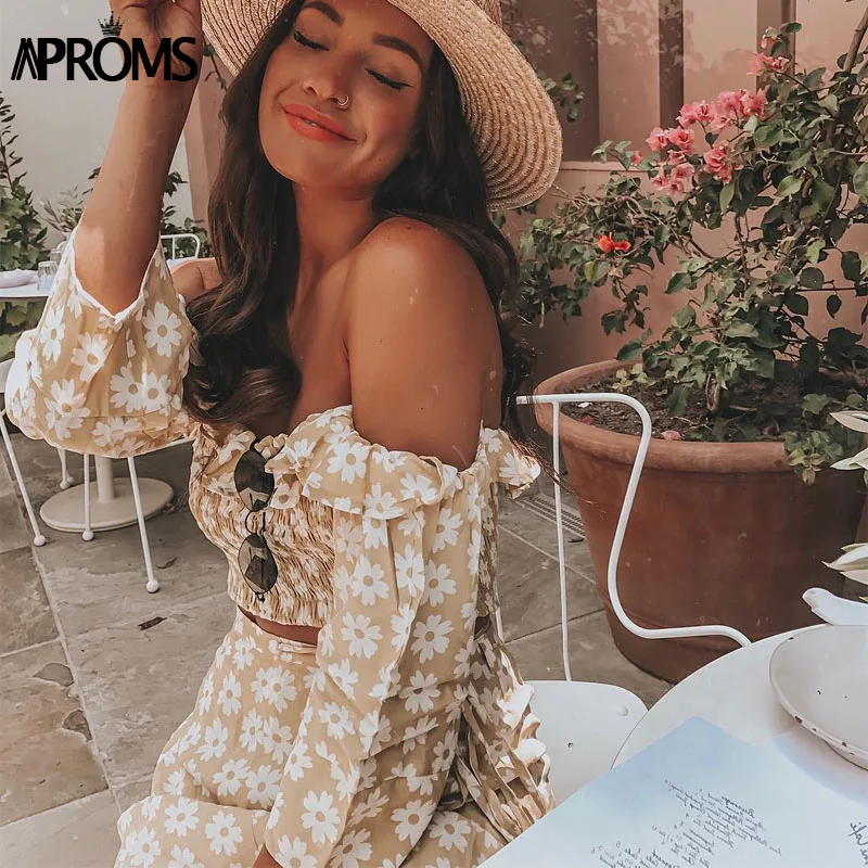 Aproms Elegant Off Shoulder Floral Print Midi Dress Women Autumn Ruffle 2 Piece Set Dresses Female Holiday Party Vestidos 2020