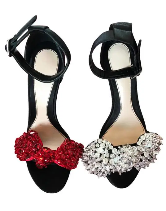 Sexy Red Rhinestone Butterfly-knot Women Sandals Open Toe Suede Thin Heel Wedding Shoes Bride Ankle Strap Crystal Summer Sandals