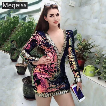 

2019 Summer Women Dress V Neck Sequined Dress Sexy Bodycon Elegant Celebrity Party Gold Mini Dresses Vestido Banquet club dress
