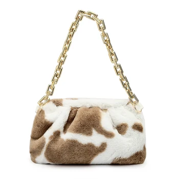 

2020 New Winter Cow Print Women Cloud Bags Pleated Soft Plush Shoulder Bag Thick Chain Tote Bag Female Warm Fur Underarm Bags