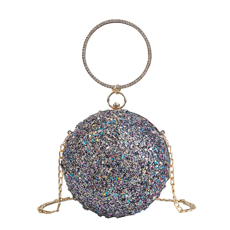 Женский вечерний клатч с разноцветными кристаллами и бриллиантами, круглые клатчи в форме шарика, дамская сумочка, свадебный кошелек, сумка на плечо с цепочкой - Цвет: Серый