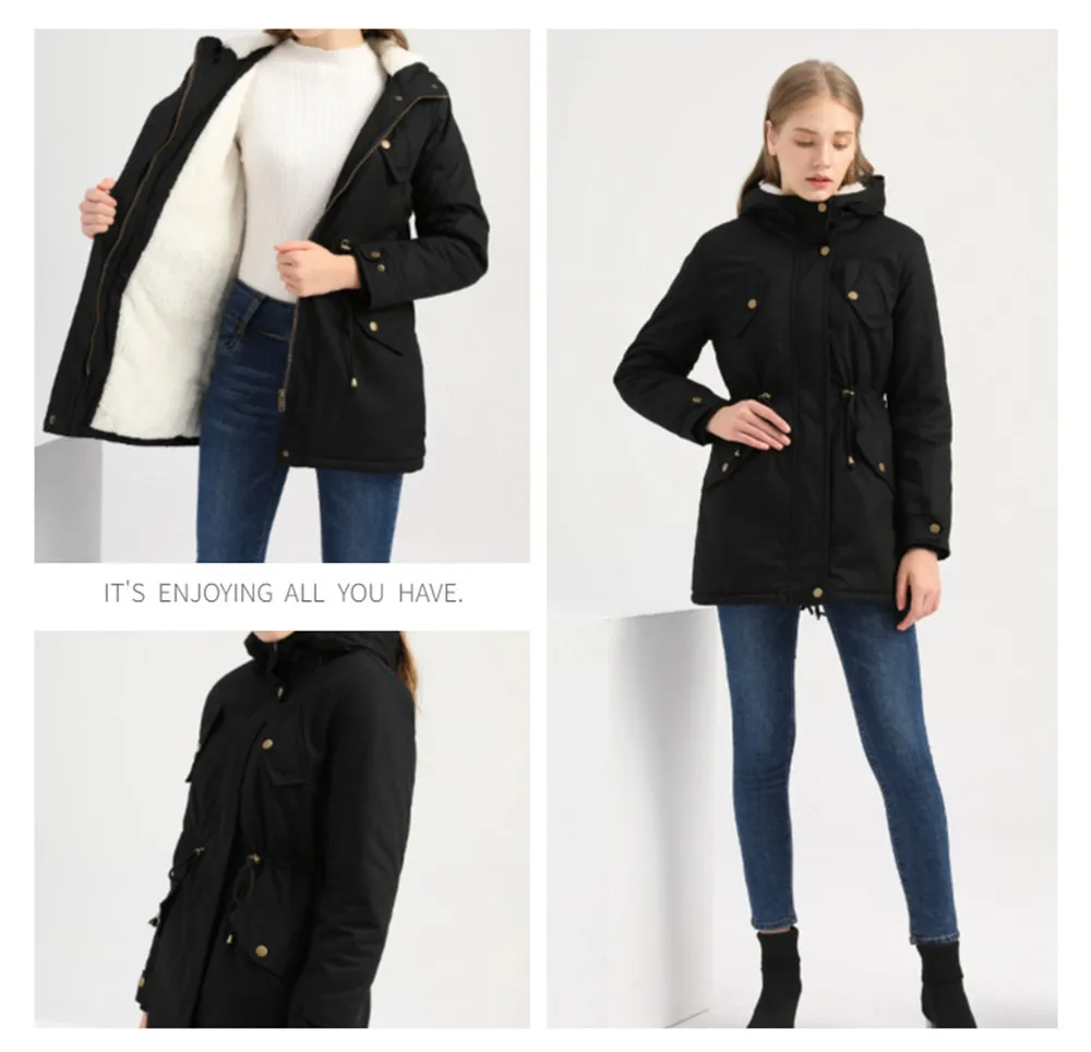 

Womens Winter Parka Solid Color Slim Plus Size Fleece Jacket Coat Single Breasted Multi Pockets Thick Ladies Office Outerwear
