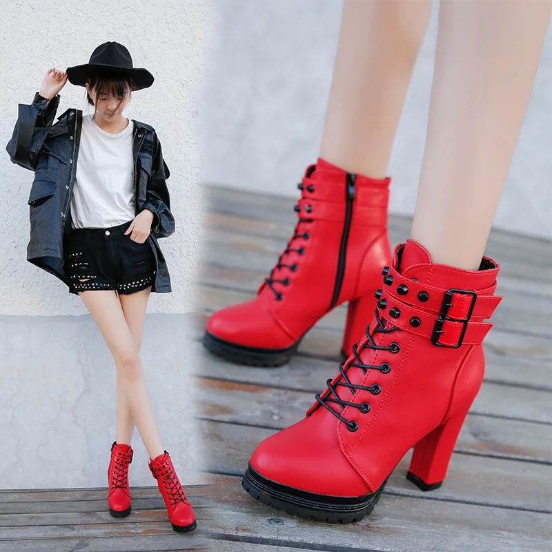 

2019 Martin Short Boots qiu dong xue Women's British Style High Heels New Style Chunky-Heel WOMEN'S Shoes round-Toe Faux Pu Rive