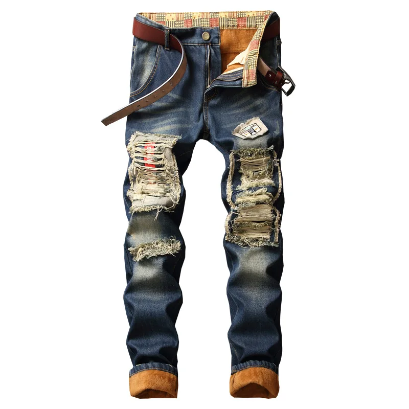 Джинсовые дизайнерские рваные джинсы высокого качества, рваные для мужчин, размер 28-38, 40,, Осень-зима, плюс бархат, хип-хоп, панк, уличная одежда