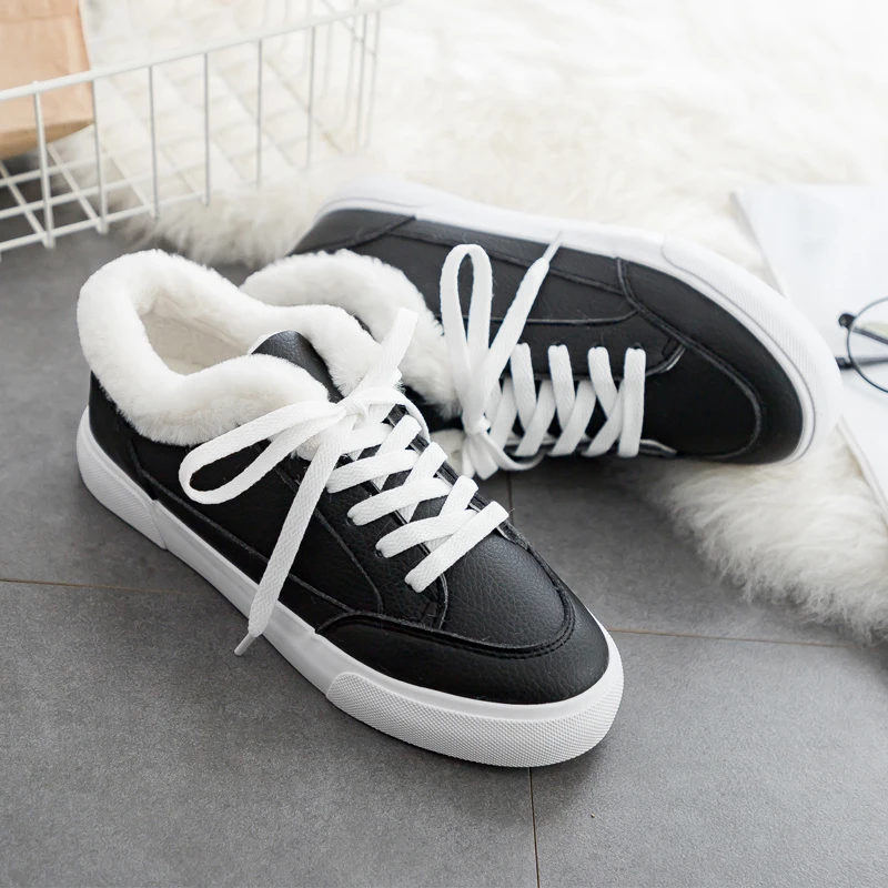 PU women's winter sneakers lace up women's warm sneakers with fur Round winter sneakers women plush winter warm sneakers woman - Цвет: Черный
