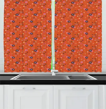 

Burnt Orange Multicolor Spring Kitchen Curtains Meadow Flora Rural Blossoming Bouquets Aster Daisy Gardening Pattern Window