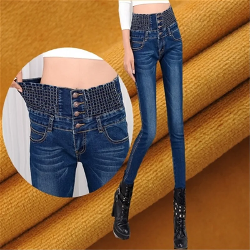 

New winter elastic high waist jeans woman plus size thick velvet warm denim jeans women stretch pencil pants