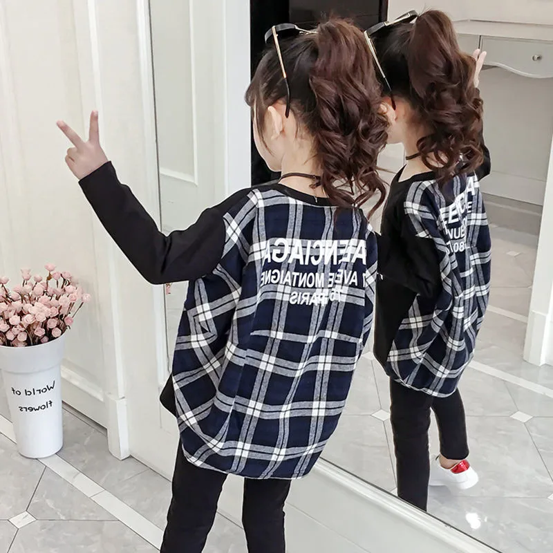 2PC Children's girls clothing set new autumn teen girl plaid stitching set school kids girls clothes casual clothes set