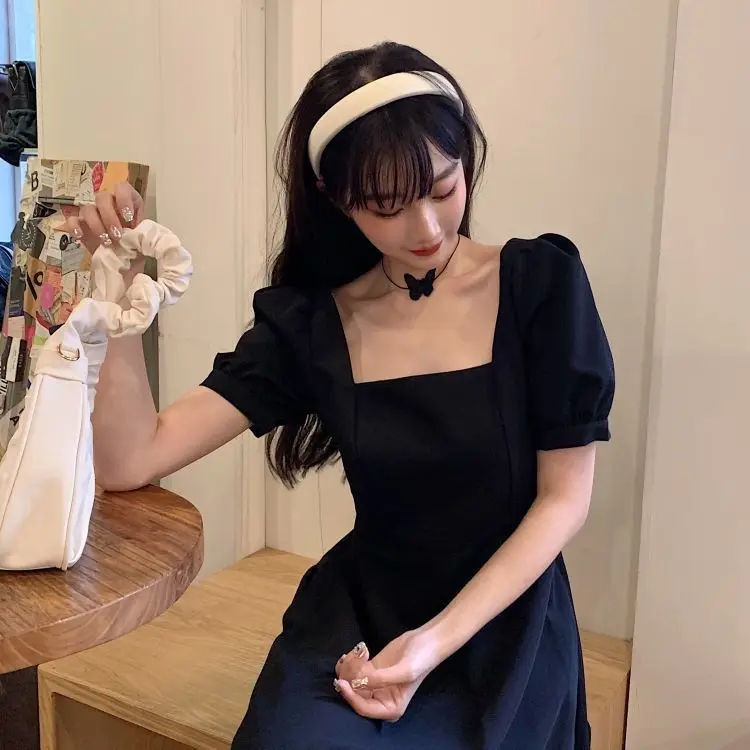 Dresses Women Solid Vintage Large Size 4XL A-Line Square Collar Drape Slim Puff Sleeve Korean Style Midi Sundress Female Trendy casual dresses