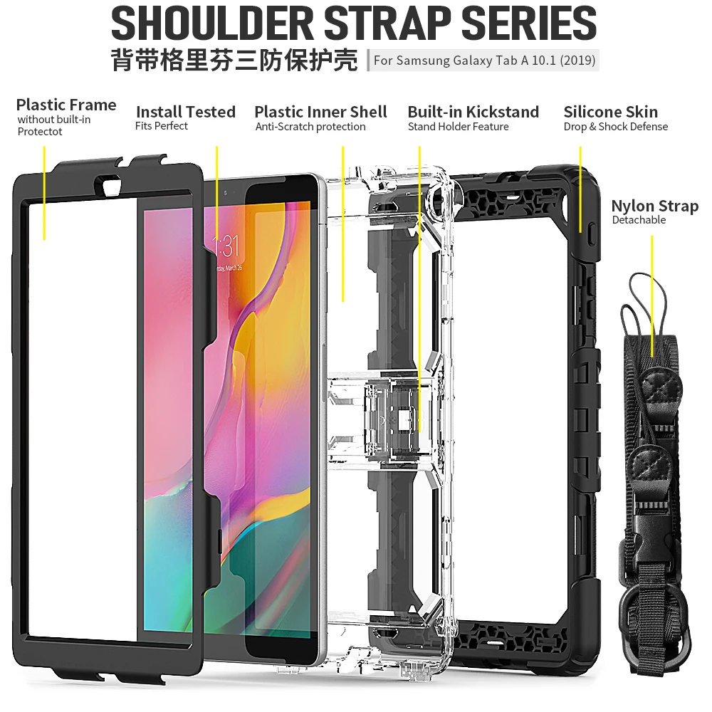 Чехол для планшета для Samsung Galaxy Tab A 10,1 SM-T510 SM-T515 T510 T515 противоударный Heavy Duty с подставкой Повесьте обложка+ ручка+ защитная пленка на экран