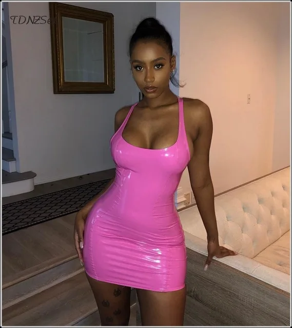 Sexy PU Patent Leather Sheath Tank Dress Women Short Mini Low Cut Slim PVC Latex Nightclub Dresses Bodycon Package Hip Summer - Цвет: Pink