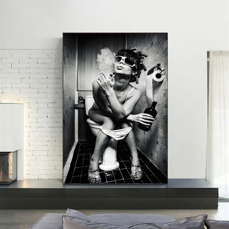 

Sexy Girl Sits In A Toilet Canvas Art Posters and Prints Black and White Canvas Paintings on The Wall Bathroom Cuadro Pictures