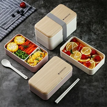 

Household Portable Square Shape Wooden Lunch Box Concise Double Layer Plastic Hand Held Microwave Lunch Box