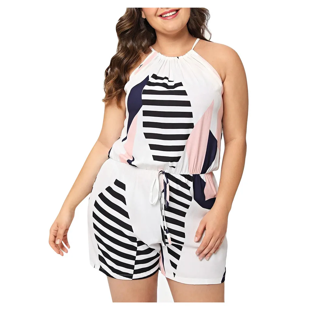 

Plus Size Jumpsuit Women Summer Fashion Nova Sleeveless Jumpsuits Rompers Short Bandage Halter Stripe Printed Bodysuit White