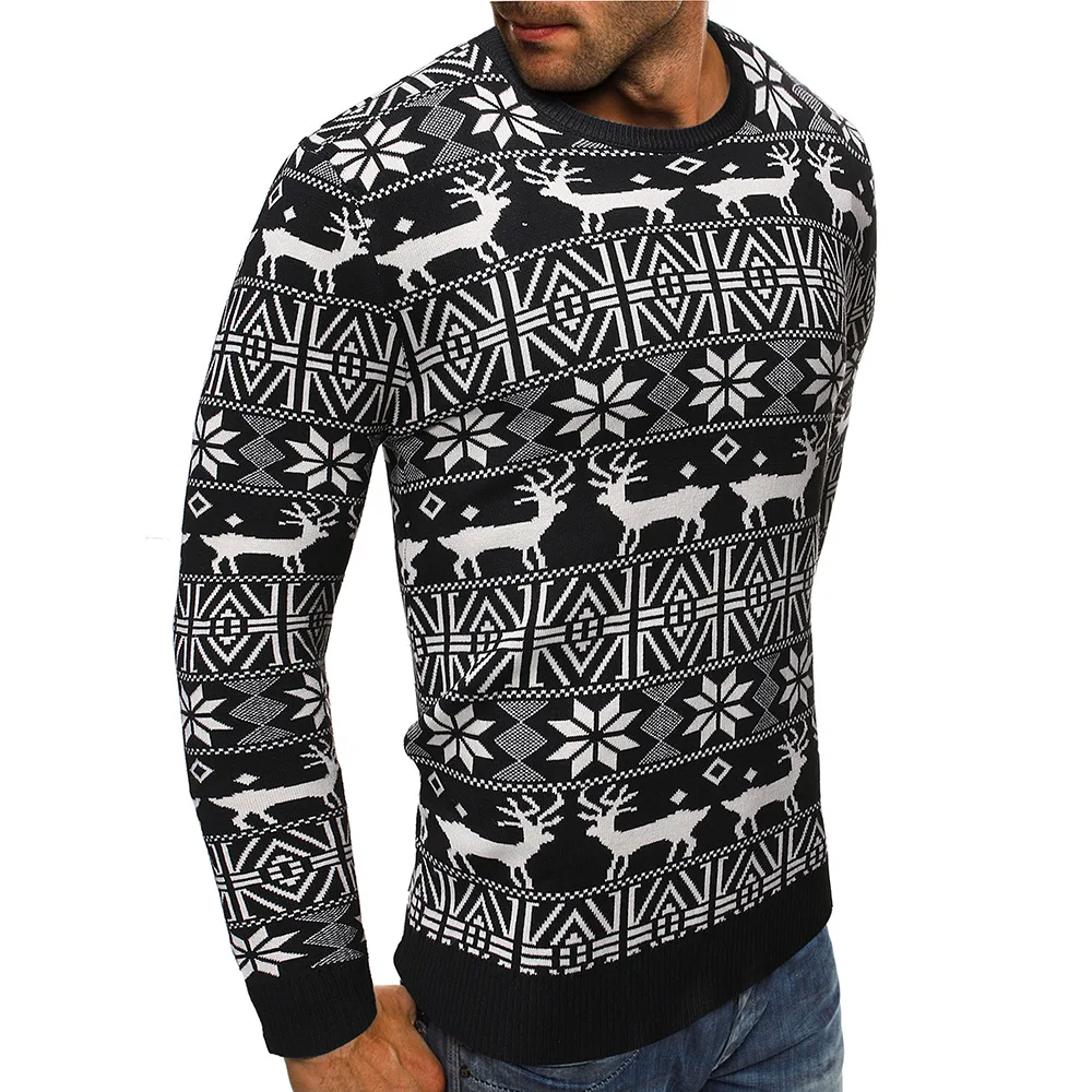 Men s Sweaters Ping an Deer Printed Sweaters Round Necked Slim Fit Sweaters Sweaters Tops Red 4