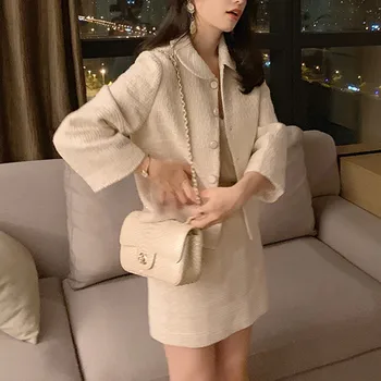 

Women Fashion Outfits Two Pieces Mini Skirt Sets Autumn Thick Tweed Jackets&High Waist Mini Skirt Suits Chic 2 Piece Dress Sets