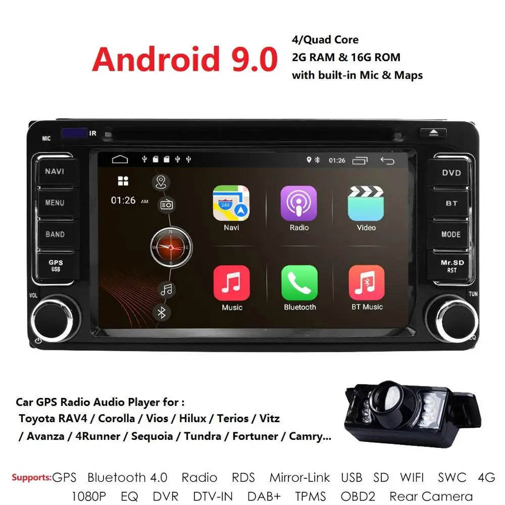 Android 9,0 2 Din Универсальный Автомобильный gps dvd-плеер для Toyota Camry Corolla RAV4 4Runner Hilux Tundra Celica Auris Радио USB BT DAB