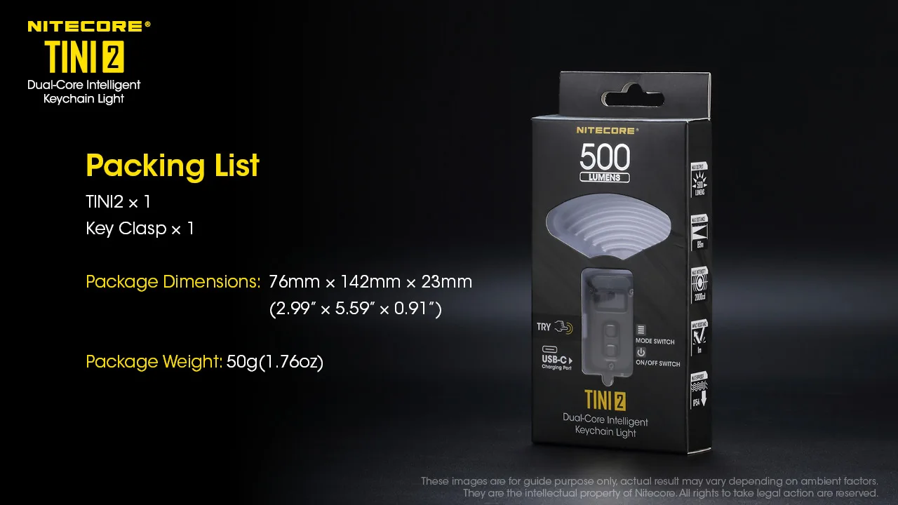 100% Original NITECORE TINI2 Flashlight 500Lumens Rechargeable 5 Lighting Modes Dual Side Switch  High Power Keychain Light rechargeable torch