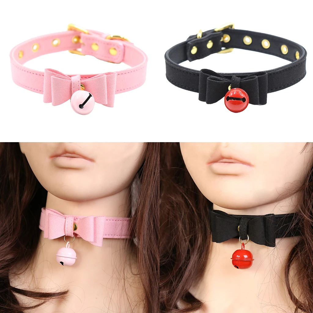 PU Leather Bow Collar Necklace Choker with Bell Cosplay Kitty Necklace Pink