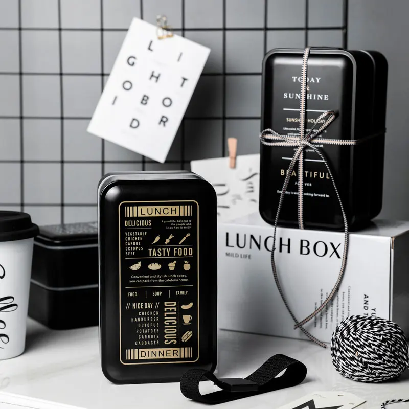 Bento Box двухслойный изолированный ланч портативный пластиковый Ланч-бокс в скандинавском стиле черный школьный контейнер для еды