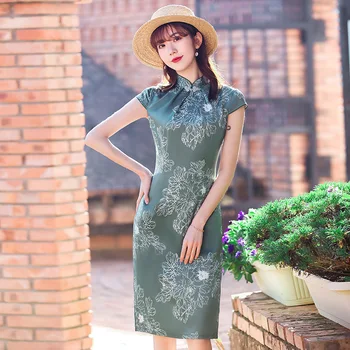 

Green Print Flower Lady Tight Cheongsam VINTAGE Mandarin Collar Qipao Vestidso Sexy High Split Short Sleeve Chinese Dress
