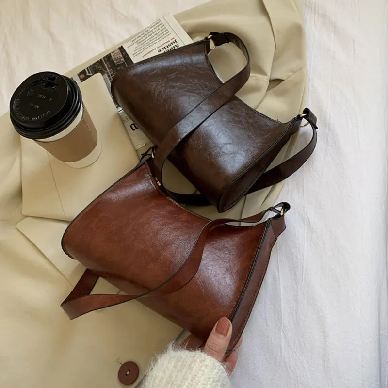 Fashion Retro Baguette Bag Pu Leather Lady Shoulder Bag Simple Style Winter High Quality Female Crossbody Bag