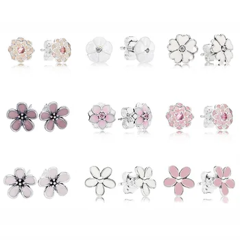 

Magnolia Bloom With White/Pink Enamel 925 Sterling Silver Earrings Studs For Women Wedding Party Gift DIY Pandora Jewelry