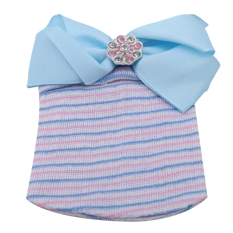 blue Thick stripes Милые мягкие головные уборы с бантами для новорожденных девочек и мальчиков, розовые, синие, белые зимние теплые кепки с полосками, шапочка, аксессуары - Цвет: blue Thick stripes