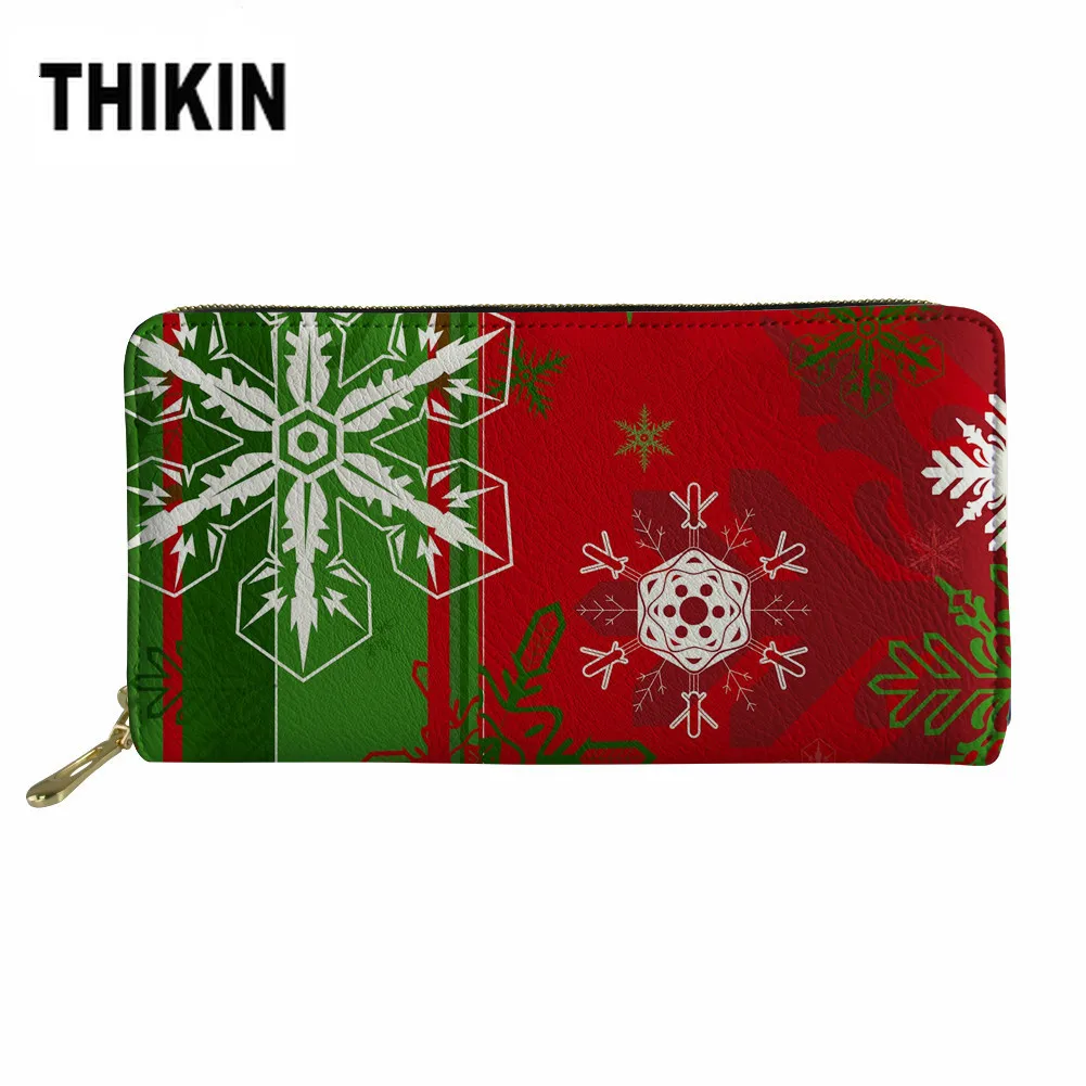 

THIKIN Merry Christmas Card Holder Pu Leather Female Long Wallets Womens Wallets and Purses Red Money Bags Cartera Mujer Custom