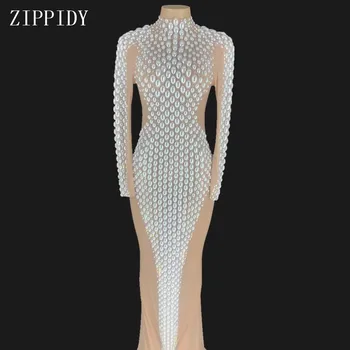 

Big Pearls Stones Transparent Nude Dress Women Singer Dance Dress Costume Party Bar Celebrate Long Dress YOUDU