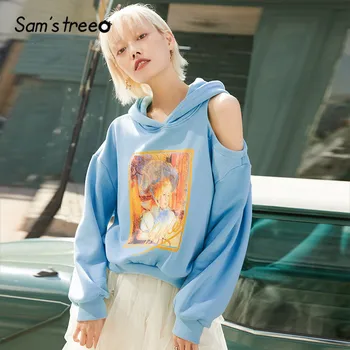 

SAM'S TREE Pink Graphic Print Warm Hoodies Sweatshirt Women,2020 Autumn Blue Korean Off Shoulder Sleeve,Casual Ladies Daily Tops