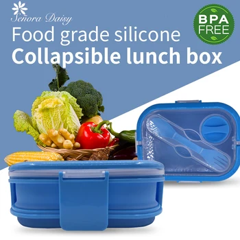 

2 Colors Silicone Food Lunch Box Folding Portable Silicone Food Box School BPA Free Collapsible Silicone Lunch Container For Kid