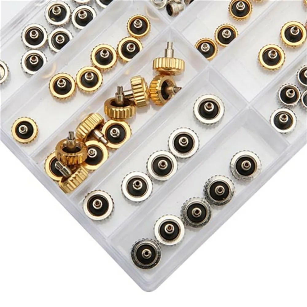 95Pcs/Case Watch Copper Crown For Generic 5.3mm 6.0mm 7.0mm with Tube and Gasket Silver Gold Repair Accessories Assortment Parts