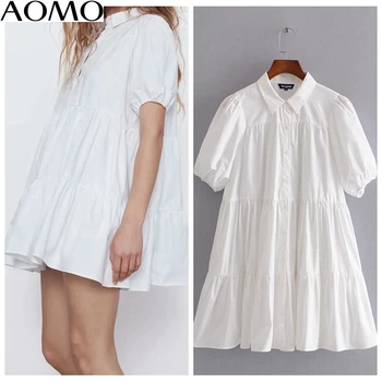

AOMO fashion women white peter pan collar mini dress for summer puff short sleeve ladies vintage white dress vestidos 3H415A