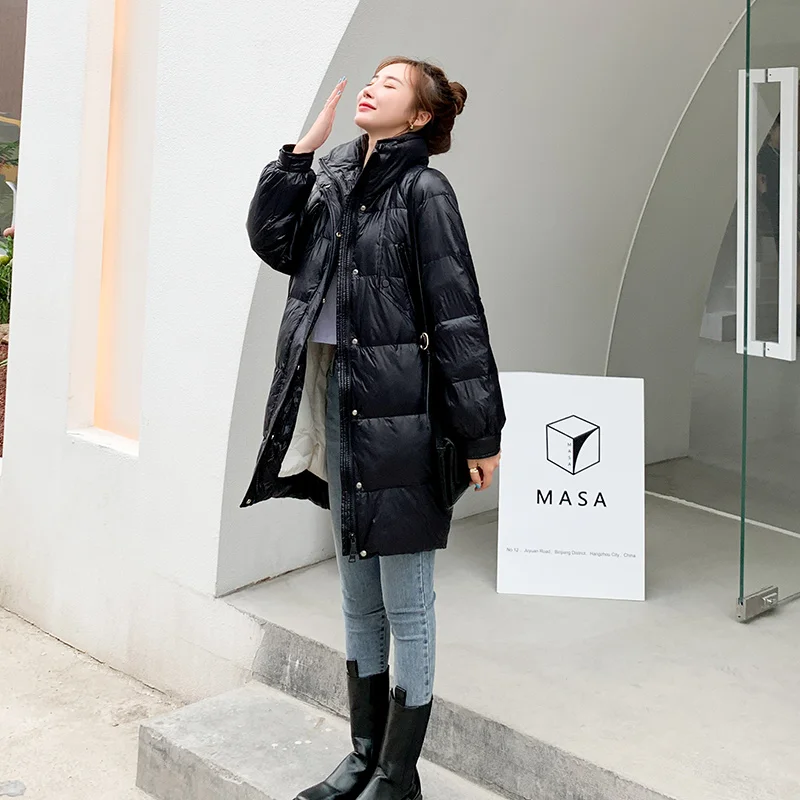 FTLZZ 2020 Stand Collar Long Jacket Woman White