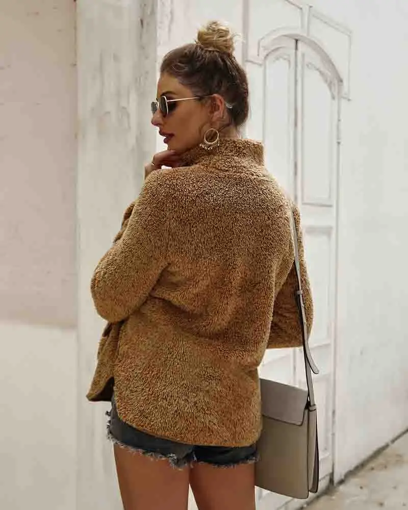 wonderful  Autumn Winter Plush Coat Loose Pocket Hoodie Women Soft Knitted Casual Sweaters Outerwear Female Th