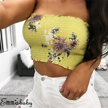 

Meihuida Women Sexy Floral Bandage Ruffle Crop Top Off Shoulder Flower Pinting Strapless Short Tube Tops Beach Wear